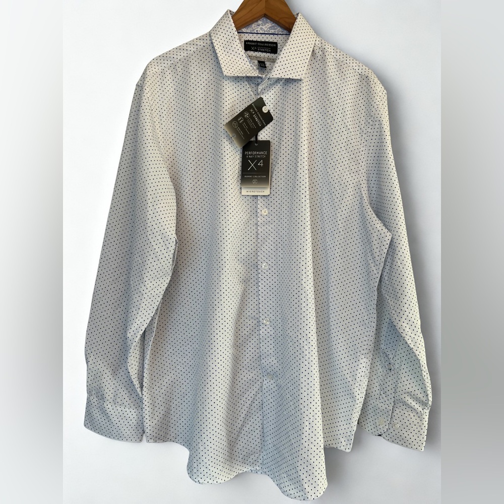 Men's Report Collection 4-Way Performance Button-Down Shirt White with Navy Dots